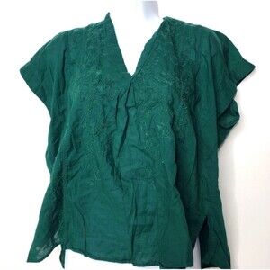 Uniqlo Green 100% Cotton Embroidered Short Sleeve Blouse Boho Medium